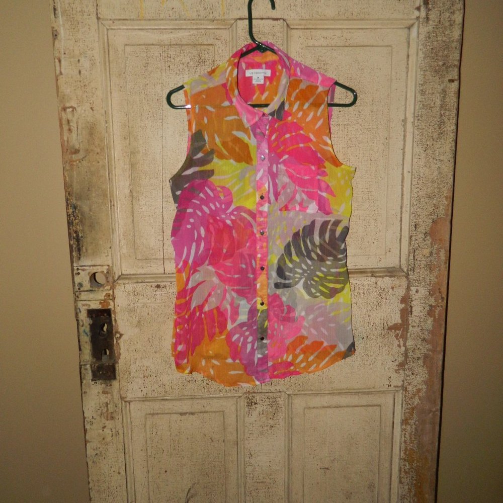 Liz Claiborne Bright Tropical Palm Leaf Print Sleeveless Blouse (P-35)